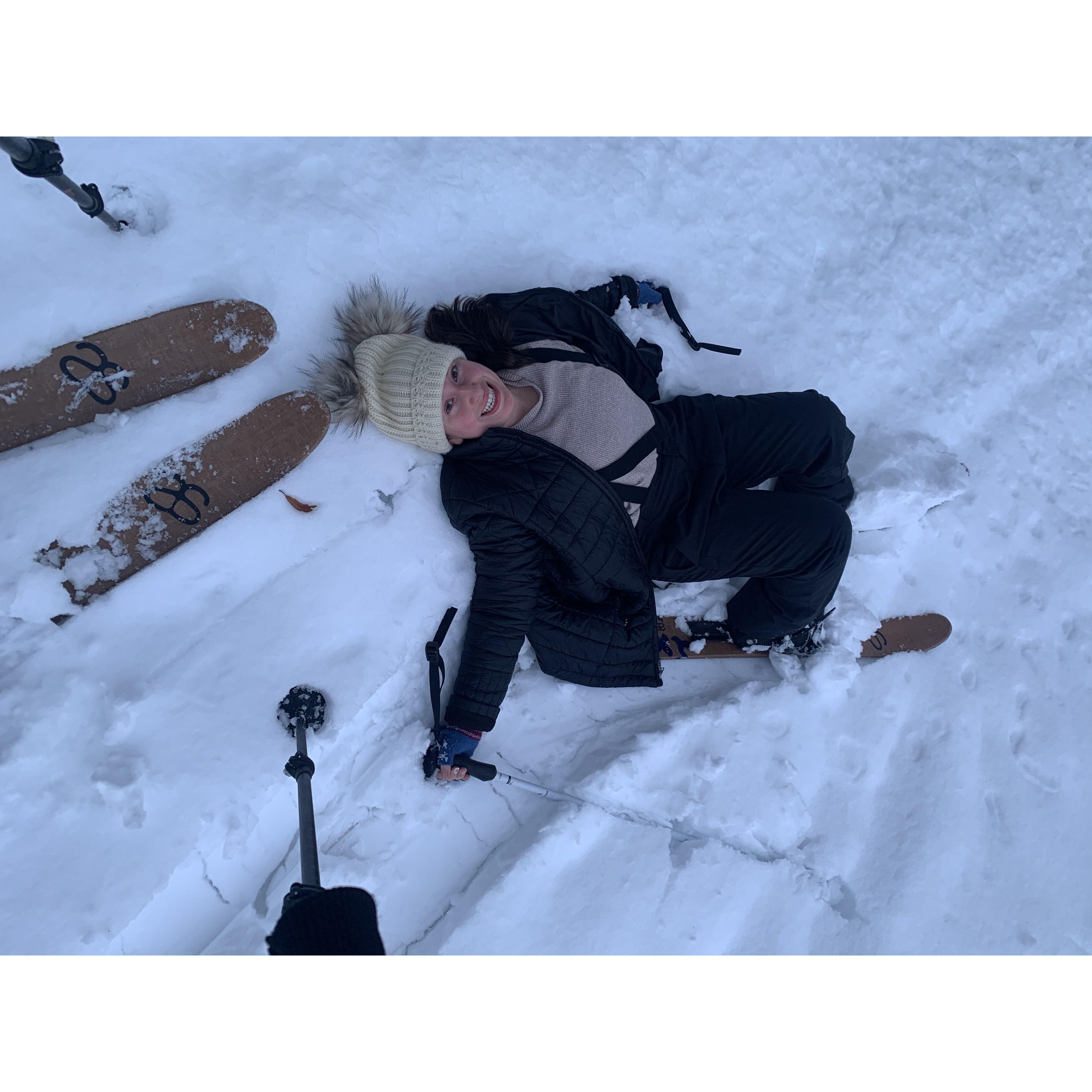 Sylvana wiping out on her new skis