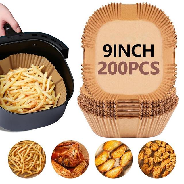 UBeesize 9-Inch Air Fryer Parchment Liners - 200 Pack, Square Non-Stick Disposable Paper Sheets for Microwave & Air Fryers, Unbleached Baking Sheets (8-Inch Base)
