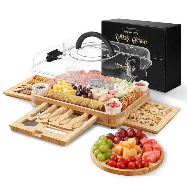 Charcuterie Boards - Charcuterie Board Accessories, Cheese Board Set with Fork and Knife, Charcuterie Board with Lid, Special wedding gifts, Plastic Cover with Handle (3 Drawers Obsidian)