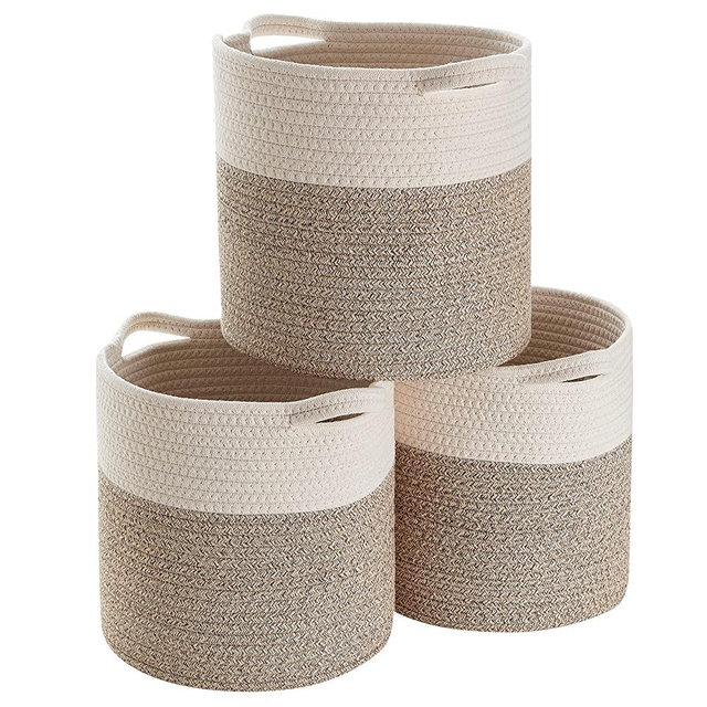 Organizix 3 Pack Woven Cotton Rope Shelf Storage Basket with Handles, Baby Nursery Storage Bin Organizers, Closet Shelf Storage Fits 12" inch Cube - 11x11x11 - White/Beige