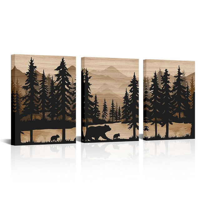 WELMECO Rustic Cabin Decor Bear Wall Art Framed Canvas Art Farmhouse Bedroom Bathroom Living Room Decor 12"x16" x 3Pieces