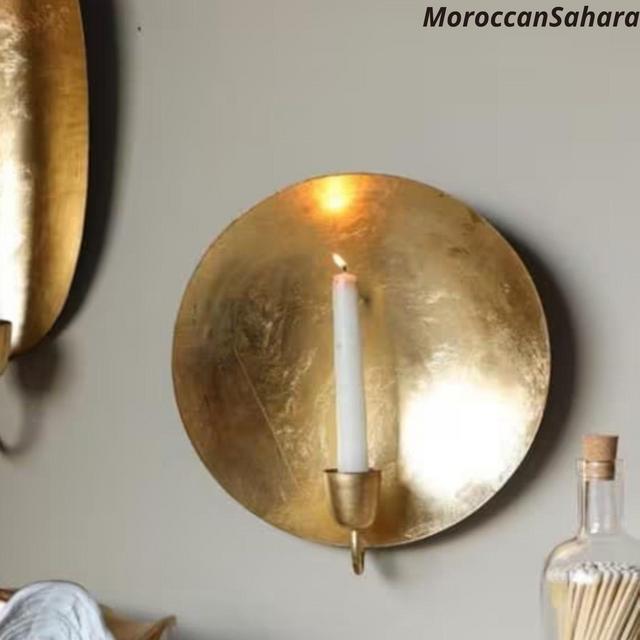 Set of 2 : Round brass Gold Leaf Candlestick Holder Wall Sconce ,candle sconce, Gift