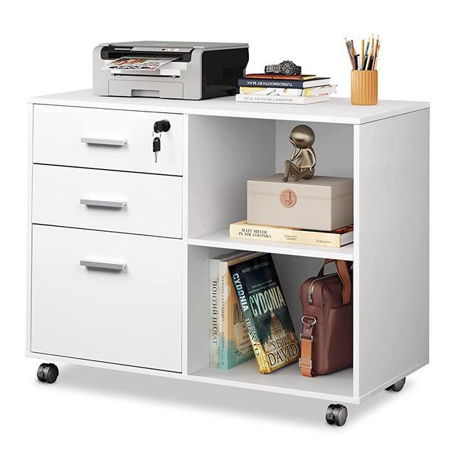 DEVAISE 3-Drawer Wood File Cabinet with Lock, Mobile Lateral Filing Cabinet, Printer Stand with Open Storage Shelves for Home Office, White