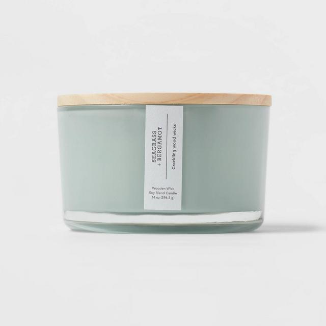 14oz 3-Wick Round Base Glass Candle with Wooden Wick Seagrass & Bergamot Green - Threshold™