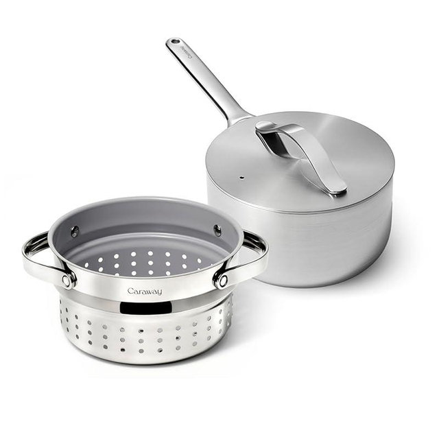 Caraway Stainless Steel Sauce Pan (3 Qt) & Steamer - 5-Ply Stainless Steel - Oven Safe & Stovetop Agnostic - Non Toxic, PTFE & PFOA Free