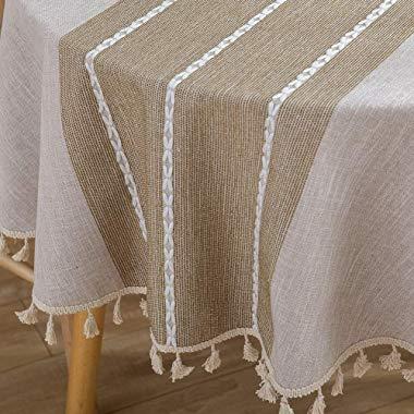 ColorBird Stitching Tassel Tablecloth Heavy Weight Cotton Linen Dust-Proof Table Cover for Kitchen Dinning Tabletop Decoration (Round, 60 Inch, Linen)