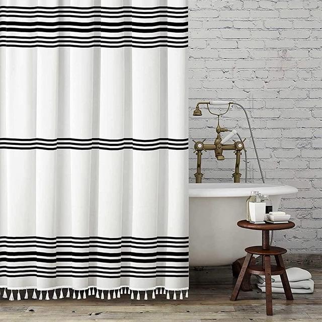 White Shower Curtain Tassel Fabric Shower Curtain 84 inch Shower Curtain for Bathroom Decor, 72 x 84,Black and White