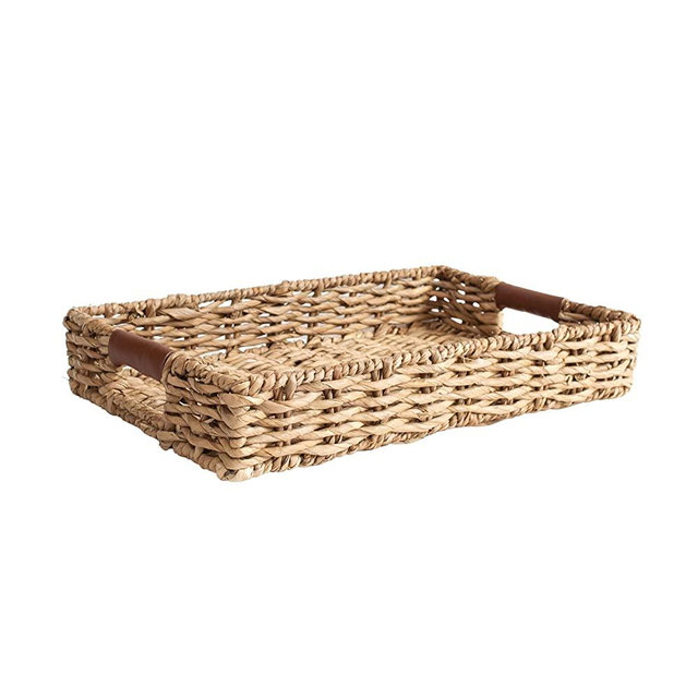 Large Decorative Rattan Woven Serving Tray + Leather Handles 20''x12’,Rectangle Wicker Centerpiece,Boho Kitchen + Home Decor Basket,Coffee Table Organizer,Summit Living,All Occasions Tan
