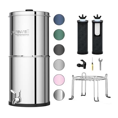 Purewell 3-Stage 0.01μm Ultra-Filtration Gravity Water Filter System, NSF/ANSI 42&372 Certification, 304 Stainless Steel Countertop System with 2 Filters and Stand, Reduce 99% Chlorine, 2.25G, PW-OB