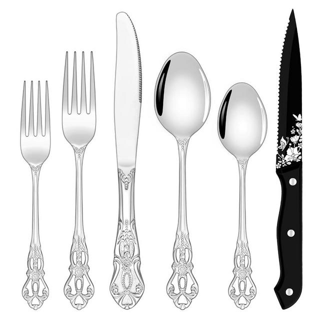 48 Pieces Retro Silverware Set for 8, Food-Grade Stainless Steel Cutlery Flatware Set with Forks Spoons Knives Set, Mirror Polished Tableware Eating Utensils Set,Dishwasher Safe
