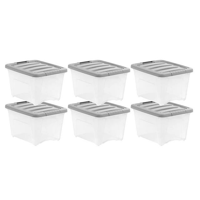 Amazon Basics 19 Quart Stackable Plastic Storage Bins with Latching Lids- Clear/ Grey- Pack of 6