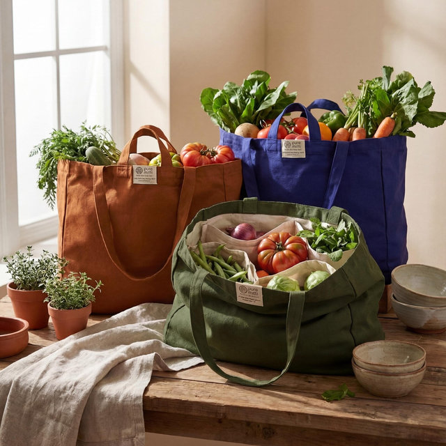 Farmers Market Tote Bag with Pockets, Handmade Canvas Grocery Bag, Reusable Market Tote