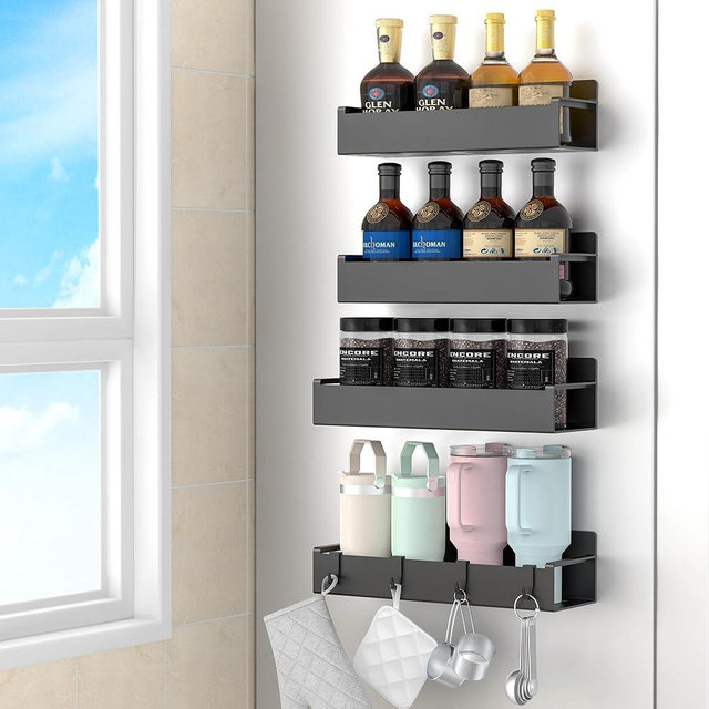 HuggieGems 4 Pack Magnetic Spice Storage Rack Organizer for Refrigerator and Oven, Jet Black Fridge Organizers and Storage
