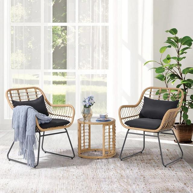 JOIVI 3 Piece Outdoor Wicker Bistro Set, Patio Furniture Conversation Set with Rattan Chairs and Round Side Table for Porch, Balcony, Poolside, Yard
