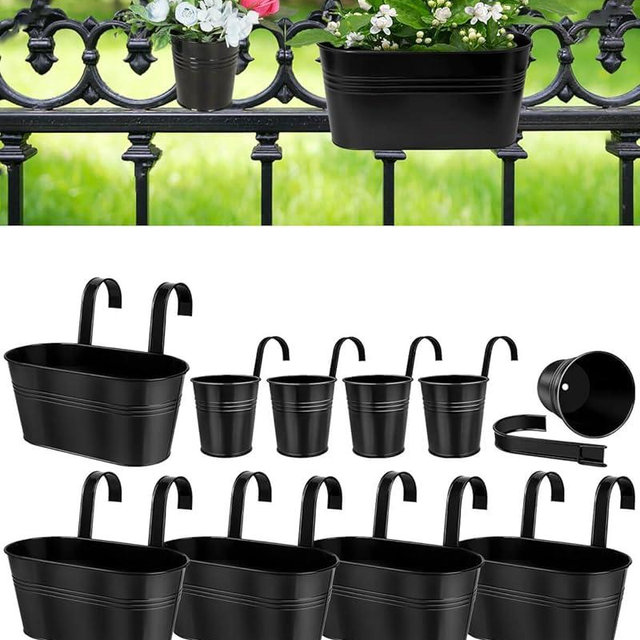 Black Metal Railing Planter for Outdoor Plants - 10 Pack Balcony Hanging Flower Pots with Detachable Hooks and Drain Holes Oval Bucket Rail Box Fence Planters for Home Garden Decor (11 & 4 Inch)