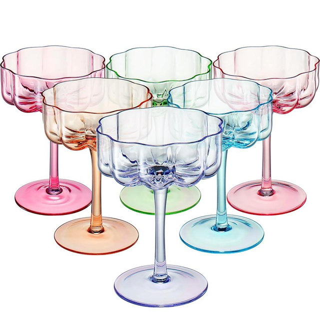 Khen Flower Vintage Wavy Glass Coupes Martini, Champagne & Cocktail Coupes - Set of 6-7oz Colorful Cocktail Glasses & Champagne, Prosecco, Mimosa Glassware Copyright Design - Bright Colors