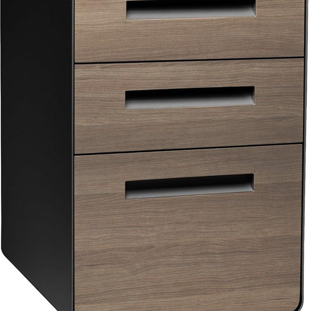 Laura Davidson Furniture Stockpile 3 Drawer File Cabinet with Lock - Under Office Desk Metal Filing Cabinet, Legal/Letter File Folders, Wheels and Stationary Feet, Pre-Assembled, Black/Wood