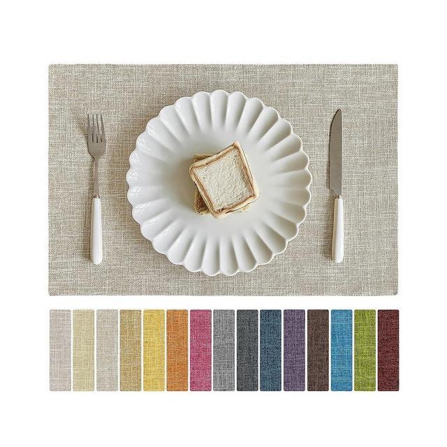 Softalker Faux Linen Placemats Set of 6-12 x 18 Inch, Heat Resistant Double Layered Durable Burlap Farmhouse Place Mats, Non-Slip Washable Rustic Table Mats for Dining, Kitchen, Party（Beige