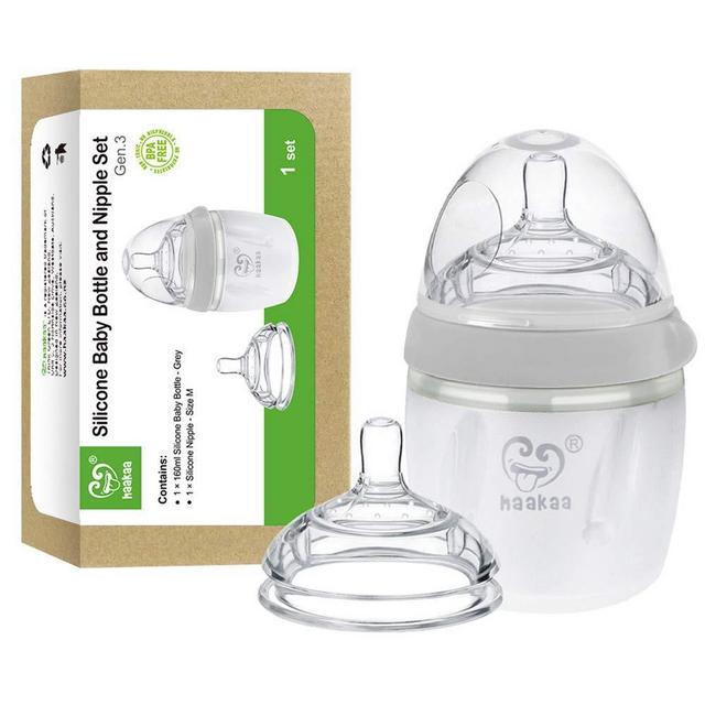 Haakaa Silicone Baby Bottle 5 oz with M Nipple Set for Infant Newborn, Grey (5oz + M)