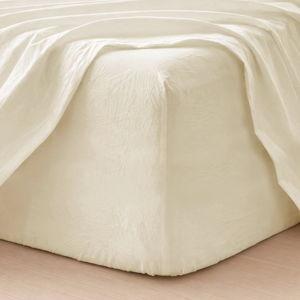 MooMee Fitted Bottom Sheet Only 100% Washed Cotton Linen Like Textured Breathable Durable Soft Comfy Deep Pocket Fits Mattress up to 17" (Cream White, King