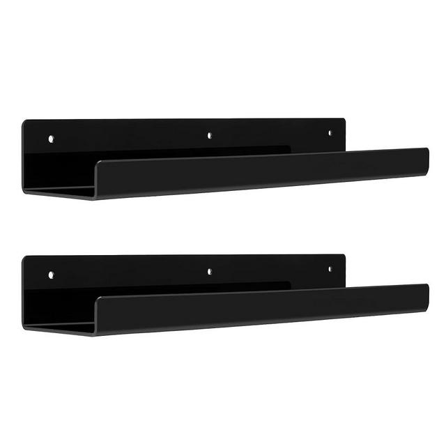 upsimples Black Acrylic Shelves for Wall Storage, 15" Acrylic Floating Shelves Wall Mounted, Kids Bookshelf, Display Ledge Wall Shelves for Bedroom, Living Room, Bathroom, Kitchen, Set of 2