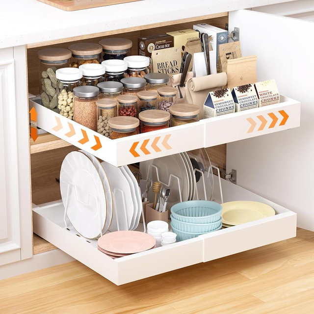 1 Pack Pull Out Cabinet Organizer, 16.5"Deep Expandable Pull Out Drawers with Adhesive Nano Film, Slide Out Drawers for Kitchen Cabinets with 4pcs Racks, Compatible Framed Cabinets for Kitchen