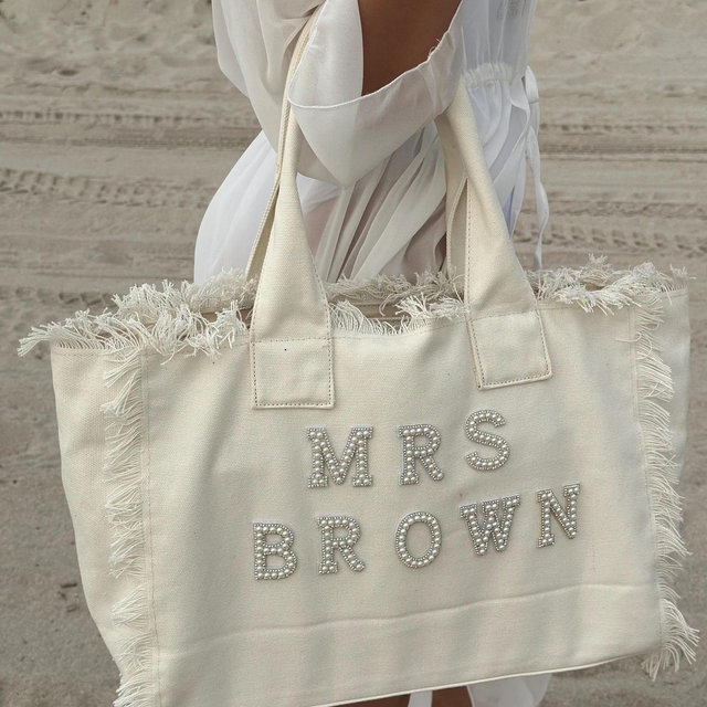 Personalized Bridesmaid & Bride Tote – Fringe Bag with Pearls for Honeymoon and Wedding