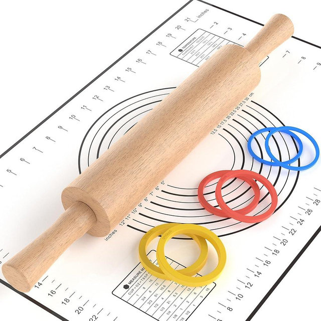 Mepple Classic Wooden Rolling Pin with Handle and Pastry Mat for Fondant, Pizza, Pies, Cookies, Rolling Pin for Baking with 3 Multi-Color Thickness Rings, 17" x 2.5" Natural Beechwood Rolling Pin
