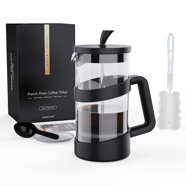 RAINBEAN Large French Press Glass Travel Camping Coffee Makers Pot, 34 oz Portable Cold Heat Press Coffee Tea Brewer