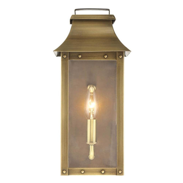 Acclaim Lighting 8413AB | Vintage Solid Brass One Light Dimmable Wall Mounted Outdoor Wet Rated Lantern with Clear Glass | Hand Crafted Classic Colonial America Design (Aged Brass - Style Three)