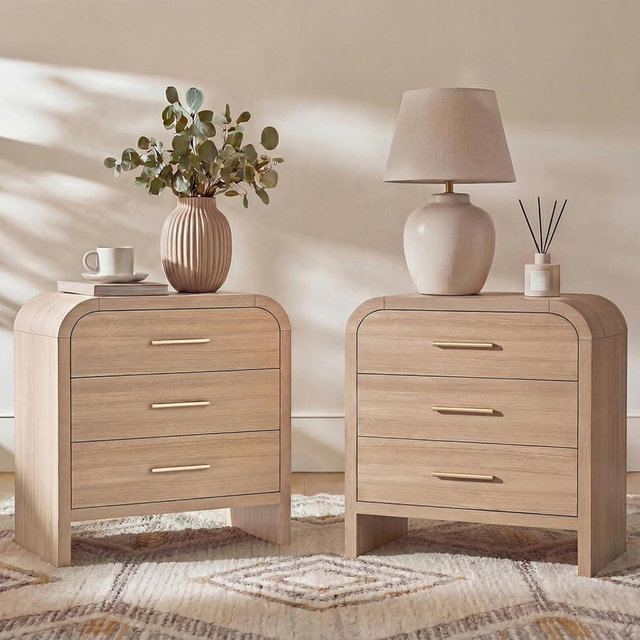 EliteSet Farmhouse Nightstand Set of 2, 23.5" Curved Modern Night Stand with 3-Drawer, Bedside Table, End Table for Bedroom, Storage Cabinet Furniture, Oak