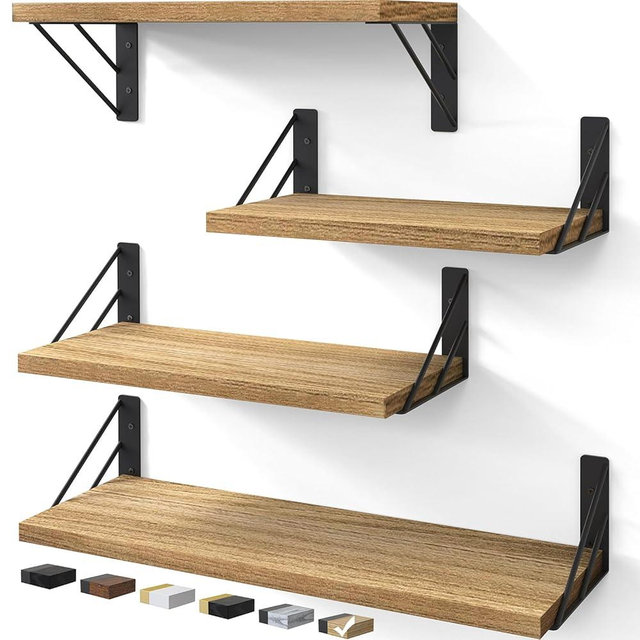 BAYKA Wall Shelves for Bedroom Decor, Floating Wall Shelves for Living Room Kitchen Storage, Wall Mounted Rustic Shelves for Kids Books, Small Shelf for Bathroom(Carbonized Brown,Set of 4)