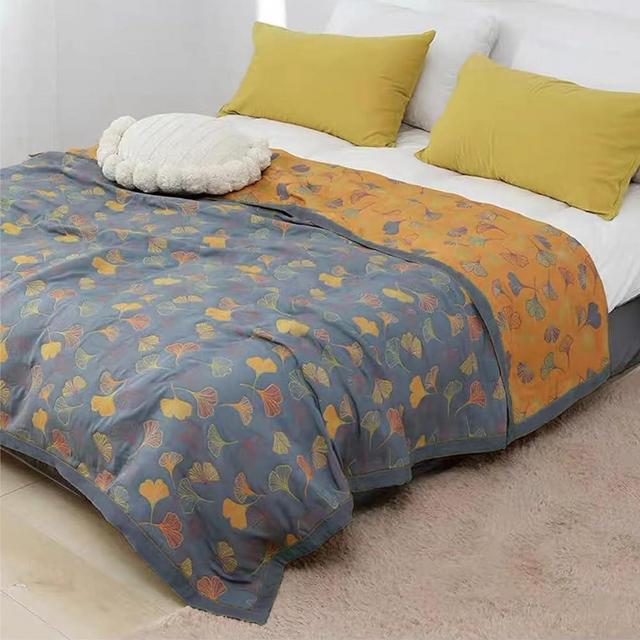 Reversible Ginkgo Quilted Throw Blankets Cotton Muslin Quilted Throw Blankets Soft Full Size Quilted Throw Blankets Lightweight Breathable Quilted Throw Blankets for Couch (59''W*79''L)