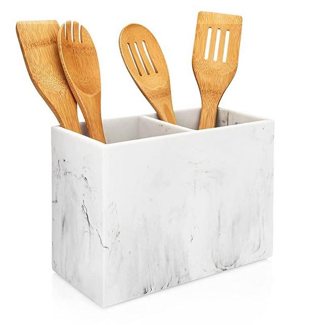 Essentra Home Matte White Marble Kitchen Utensil Holder for Counter Top, Utensil Crock (9" x 4.5" x 6.5" Rectangular)