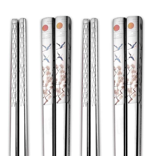 Metal Chopsticks Reusable, 9.8" Japanese and Chinese Stainless Steel Chopsticks with Holder, Cute Laser Engraved Cooking Chop Sticks, Dishwasher Safe, Anti-slip, Anti-scald, 2 Pairs Gift Set