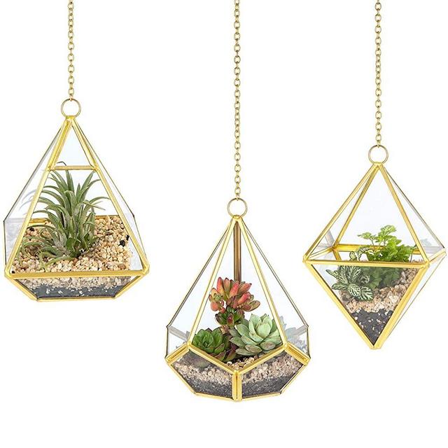 Mkono 3 Pcs Small Hanging Glass Terrarium Geometric Container Vertical Modern Planter Windowsill Decor DIY Display Box Centerpiece Gift for Succulent Fern Moss Air Plants Miniature Fairy Garden, Gold