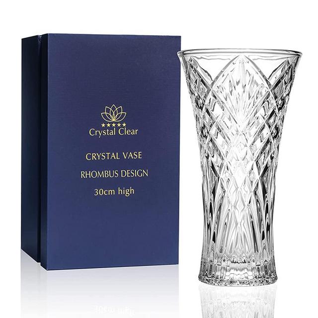 Crystal Vase,, 12" high, for Flowers & Decor, Rhombus Design, Lovely Nice Shiny Piece, Suitable for All Occasions, Perfect as a Gift,