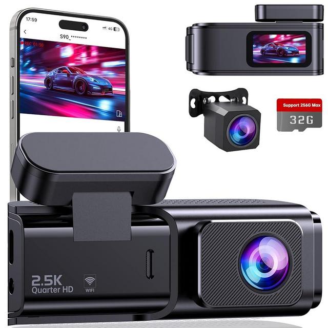 Dash Cam Front and Rear: 2.5K+1080P Dual Dash Camera for Cars, Ecomoment Car Camer with 1.47" IPS Screen, Built-in Wi-Fi, 170° Wide Angle, Night Vision, G-Sensor, 24H Parking Mode, Included 32GB Card