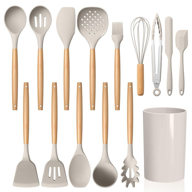 LIANYU 15-Piece Kitchen Cooking Utensils Set with Holder, Silicone Kitchen Tools Include Spatula Tong Slotted Spoon Turner Whisk Brush, Wooden Handle Kitchen Gadgets for Nonstick Cookware, Khaki