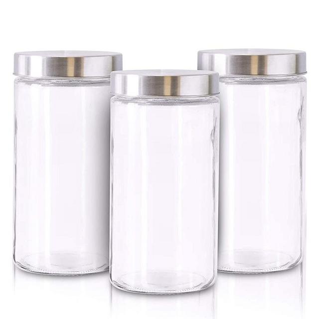 Glass Jars for Kitchen – Set of 3 Large Food Storage Containers – 60Oz Storage Jars with Metallic Lids – Multipurpose Glass Containers for Snacks, Coffee, Pet Treats – Airtight Screw-On Lid