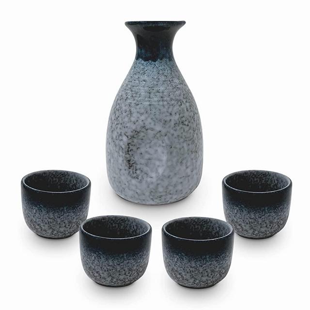 Fortis Simul 5 piece Ceramic Japanese Styled Sake Set In Blue, 1 Bottle and 4 Cups