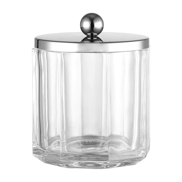 Indecor Home Clear Transparent Apothecary Octagional Shaped Glass Canister Jar With Silver/Chrome Metal Lid Cover for Bathroom Organization, Cotton Balls, Q Tips, and Small Accessories, Bath Storage