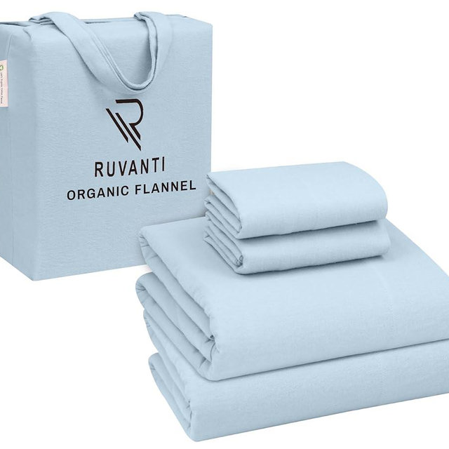 RUVANTI Flannel Sheets Queen Size - GOTS Certified 100% Organic Cotton, 4 Piece Warm, Soft & Breathable Set, Deep Pocket Snug Fit, Double Brushed Cozy All Season Bedding, Baby Blue