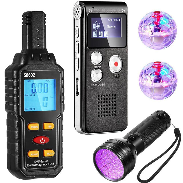Dunzy 7 Pcs Ghost Hunting Equipment Kit Includes 1 Pcs 8gb Audio Recorder 1 Pcs Emf Meter Magnetic Field Detector 4 Pcs Ghost Hunting Cat Balls 1 Pcs UV Black Light Flashlight for Ghost Hunting
