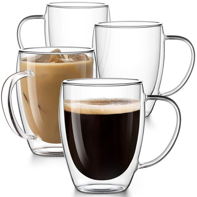 Potdoctor Double Walled Glass Coffee Mugs Set of 4, 12.5OZ Hand Blown Insulated Clear Glass Coffee Cups with Handle,Perfect for Latte,Cappuccino, Espresso, American,Tea Bag, Beverage