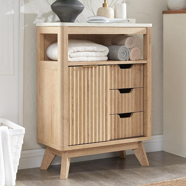 T4TREAM Fluted Bathroom Floor Cabinet with Sliding Door, Modern 3 Drawers Storage Organizer w/Adjustable Shelf and Faux Marble Top, Small Curved Profile Wood Cabinet for Bathroom, Kitchen, Natural Oak