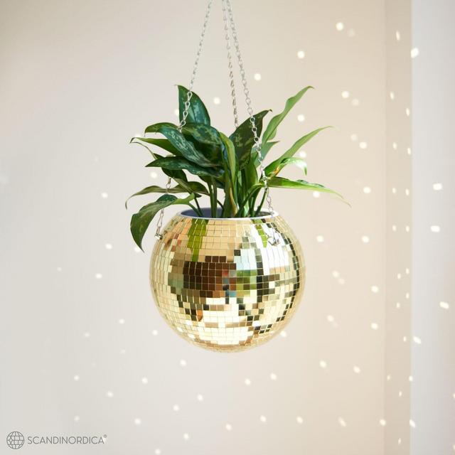 SCANDINORDICA Disco Ball Planter 10" Gold | Disco Planter with Chain, Macrame Hanger, Acrylic Stand, Insert Pot and Gift Box - 10 inch