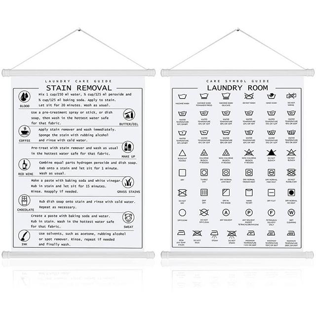 2 Pieces Laundry Room Decor Laundry Symbols Wall Art Laundry Hanging Symbols Guide Wall Decor Stain Removal Theme Sign Laundry Care Laundry Room Art Ready to Hang Sign, 11.8 x 15.7 Inches