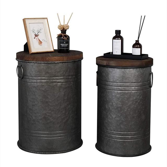 VINGLI Farmhouse Storage Bins Ottoman Stool, Rustic Galvanized Metal décor End Table Nightstand with Wooden Lid Decoration for Living Room Furniture,Set of Two (Dark Grey)