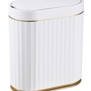 ELPHECO Automatic Motion Sensor Trash Can - 2 Gallon Slimline for Bathroom, Bedroom, Kitchen, Office - White with Gold Trim